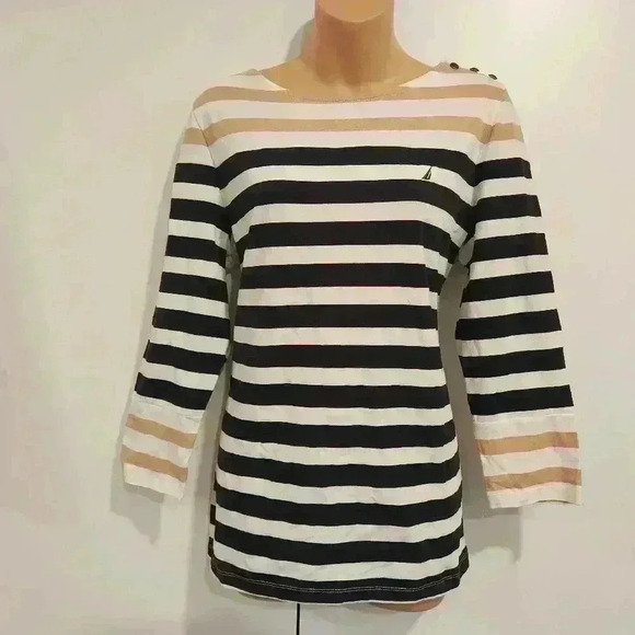 Nautica Cropped Sleeve Striped Button Detail Shirt - Picture 2 of 11